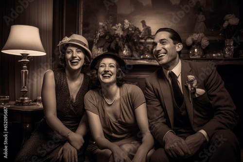 1930s Happy Group Portrait. A family gathering in their Art Deco - style living room, dressed in stylish 1930s attire, sharing laughter and smiles during the Great Depression era.