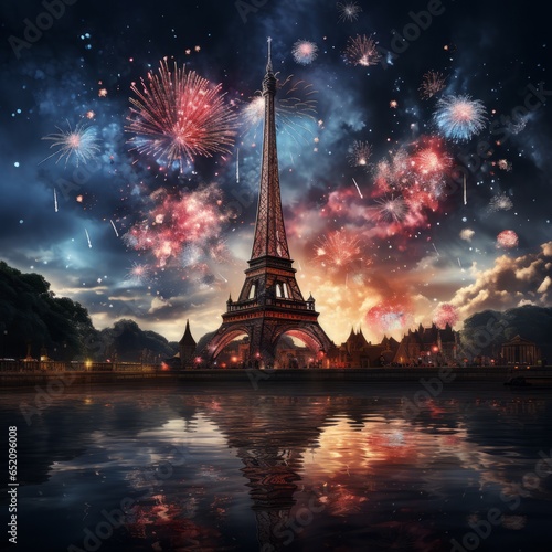 A beautiful sunset fireworks display over water with the Eiffel tower in the background. Generative AI. 