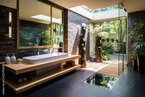 Embrace the Serene Harmony of an Asian-Inspired Minimalist Bathroom with Bamboo Accents, Infused with Stylish Elegance and Tranquil Spa-like Aesthetics for a Peaceful © aicandy