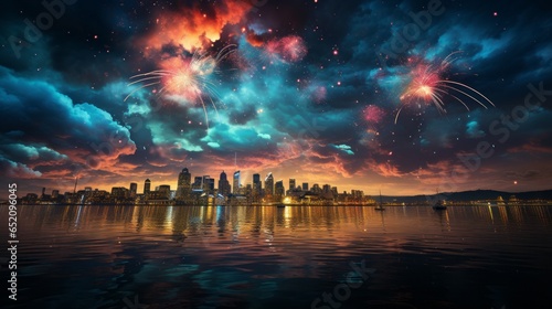 A beautiful sunset fireworks display over water with a city in the background. Generative AI.  photo