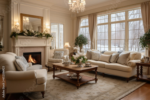 Step into the timeless elegance of a Colonial-style living room, adorned with classic furnishings, vintage charm, and warm ambiance, featuring hardwood floors, comfortable seating, elegant draperies