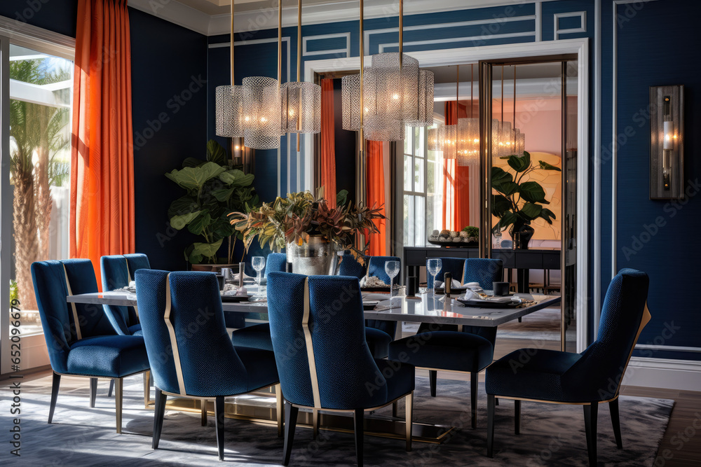Immerse in the stylish and luxurious ambiance of a well-designed, spacious dining room adorned with elegant furnishings, modern accents, and a harmonious color scheme of navy blue and coral colors