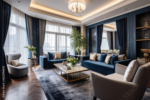 A Spacious and Luxurious Living Room with Elegant Navy Blue and Beige Colors  Cozy Ambiance  Modern Furniture  and Natural Lighting  featuring a Stylish Bookshelf  Comfortable Accent Chairs