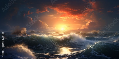 Sunset over a roiling wave filled sea or ocean. Illustration style. Generative AI. 