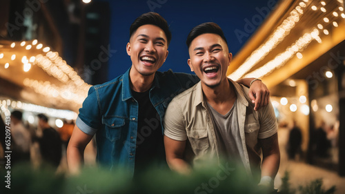 Candid Happy Asian Gay Couple with Wild Facial Expressions Against Bokeh Background