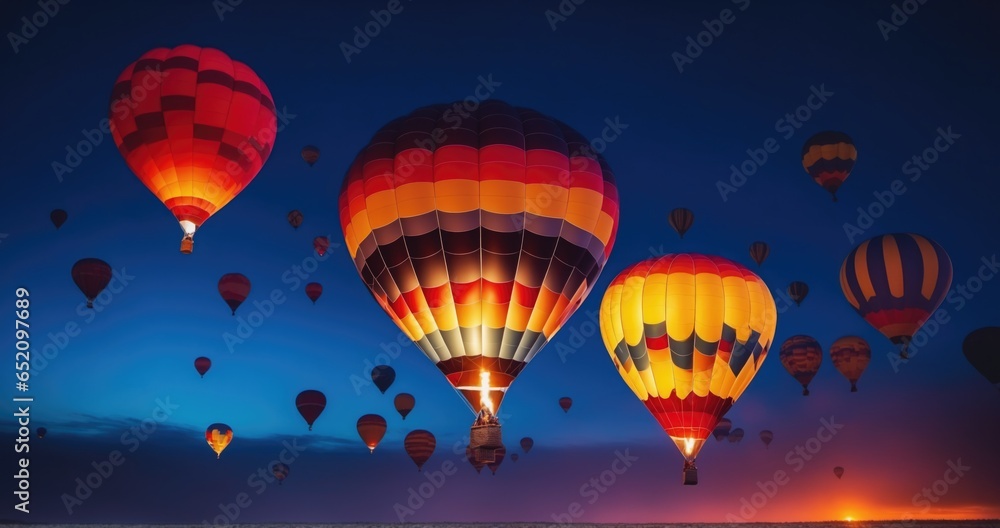 Vibrant Sunset Balloon Ride. Colorful hot air balloons soaring high in the evening sky during a breathtaking sunset adventure..