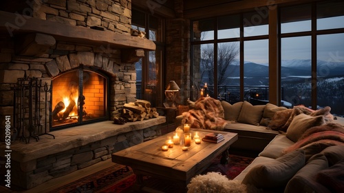 Glowing Embrace of Winter: A Fireplace Aglow, Radiating Coziness and Warmth, Inviting Serenity Amid the Chilly Season's Bustle.