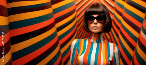 Swinging '60s Glamour. Capturing the Iconic Mod Fashion of the 1960s with a Stylish Woman Model, Vibrant Colors, and Bold Clothing.  photo