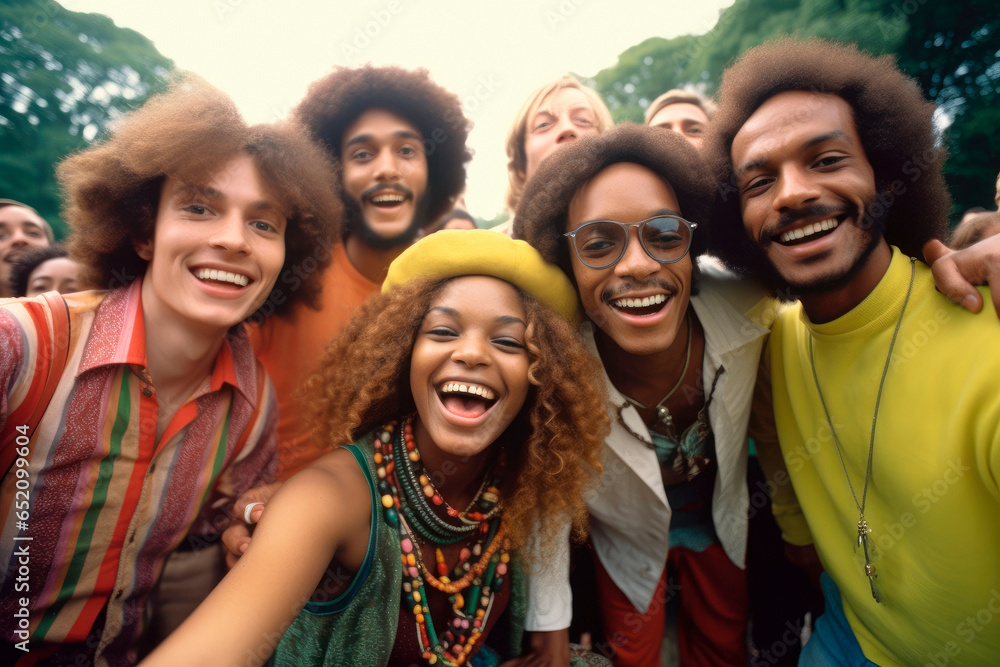 1960s Happy Group Portrait. A group of young people gathered at Woodstock, enjoying the music and culture of the counterculture revolution, epitomizing the free - spirited vibe of the 1960s 1960s Happy Group Portrait. A group of young people gathered at Woodstock, enjoying the music and culture of the counterculture revolution, epitomizing the free - spirited vibe of the 1960s