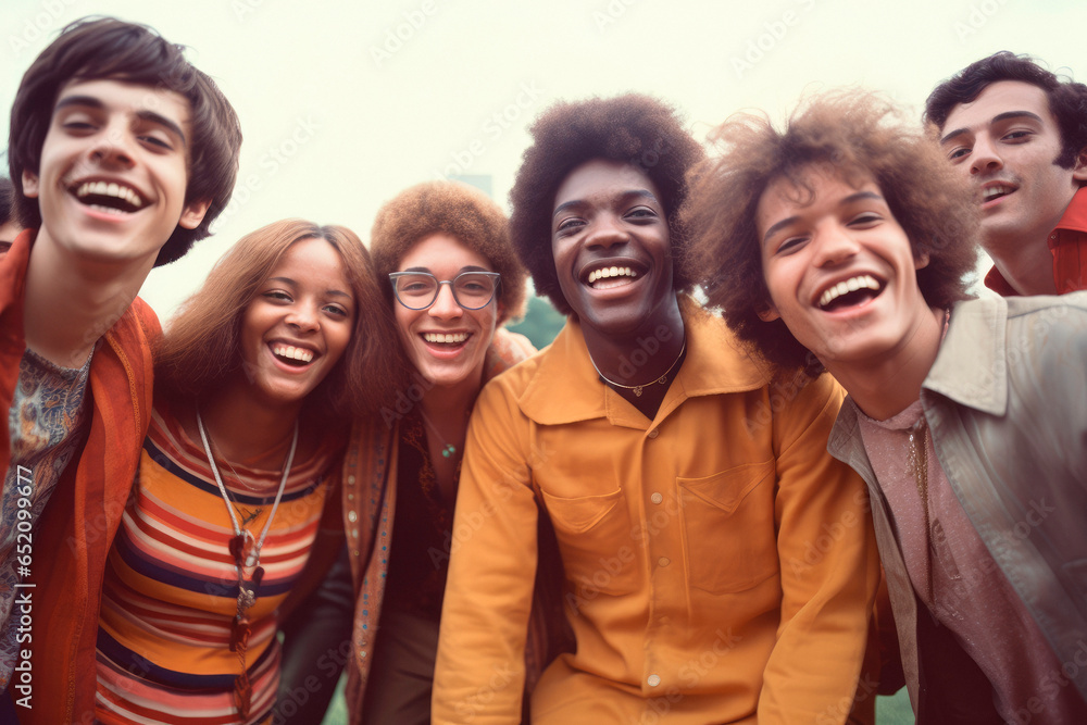 Naklejka premium 1960s Happy Group Portrait. A group of young people gathered at Woodstock, enjoying the music and culture of the counterculture revolution, epitomizing the free - spirited vibe of the 1960s