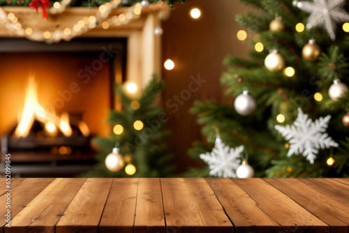 retro interior with xmas tree and wooden old table place 