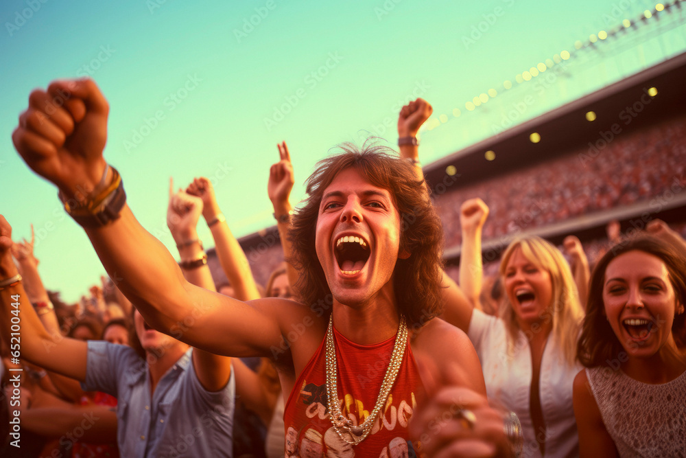 Obraz premium Nostalgic Rock Revival. A 1970s Classic Rock Concert, Energetic Crowd, and Summer Festival Vibes. Iconic Music Moments