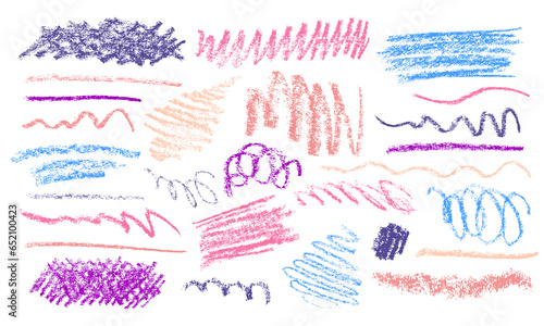 Crayon or charcoal lines, shapes set. Doodle forms with grunge pastel pencil texture. Hand drawn chalk scribbles or rough marks. Sketchy squiggle brushes for banner design, graffiti, childish drawing