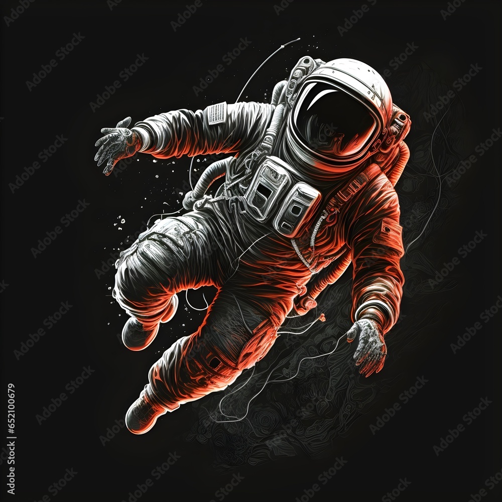 sketch line art astronaut floating over black background wide angle shot 
