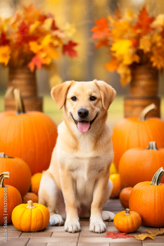 Labrador retriever dog with pumpkins and leaves, fall harvest season, vertical, Thanksgiving, autumn decor Labrador retriever dog with pumpkins and leaves, fall harvest season, vertical, Thanksgiving, autumn decor
