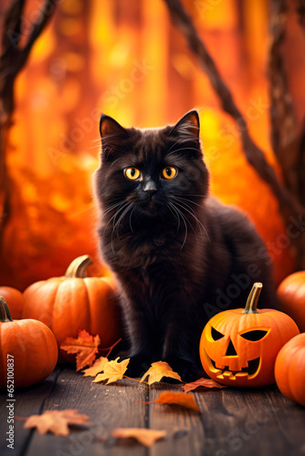Black cat with pumpkin jack o' lanterns, orange background, vertical, Halloween