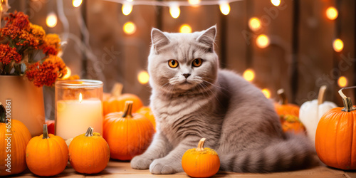 Cat with pumpkins, light strands and candle, wide, Halloween, fall harvest season
