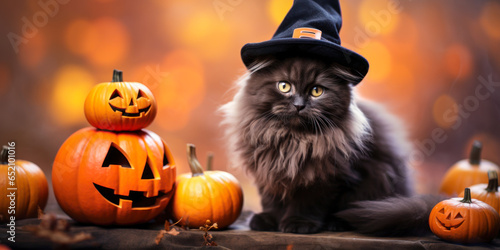 Cat with witch hat and pumpkin jack o' lanterns, Halloween, wide banner © Sunshower Shots