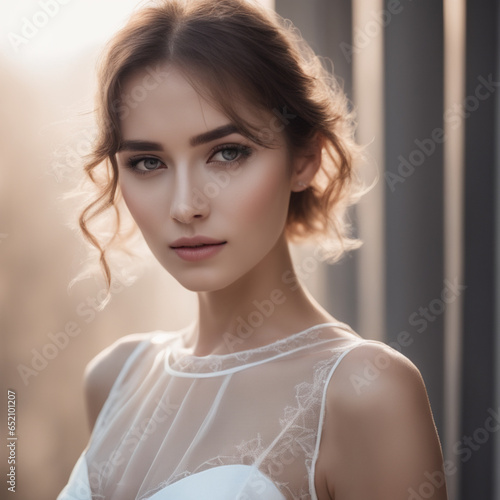 Retrato mujer joven y bella con un vestido blanco  photo