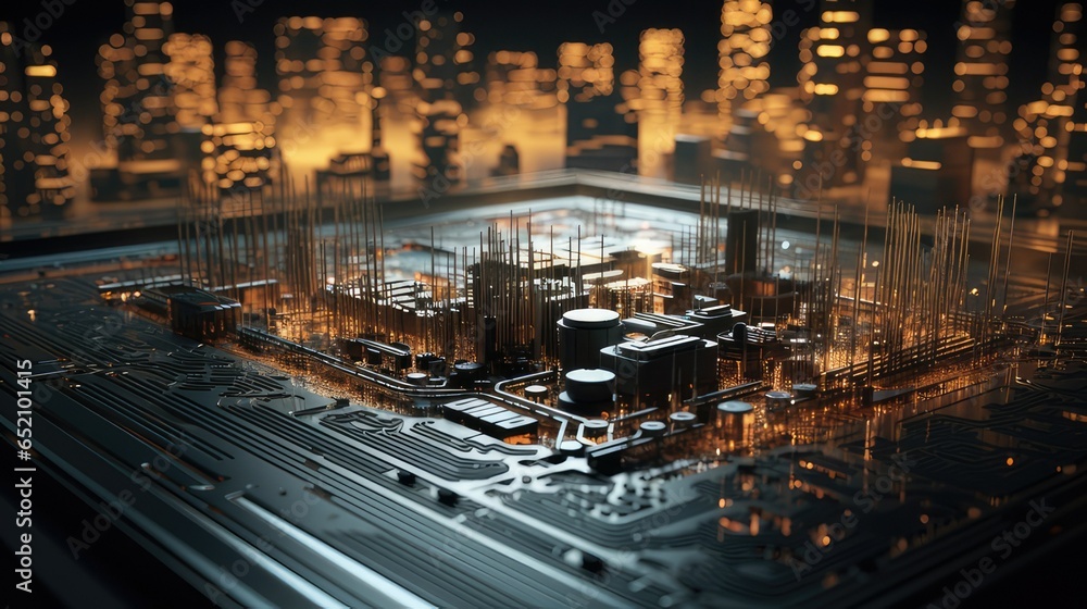 city made from computer chips and digital parts. concept to show technology and its influence on civilization. generative AI