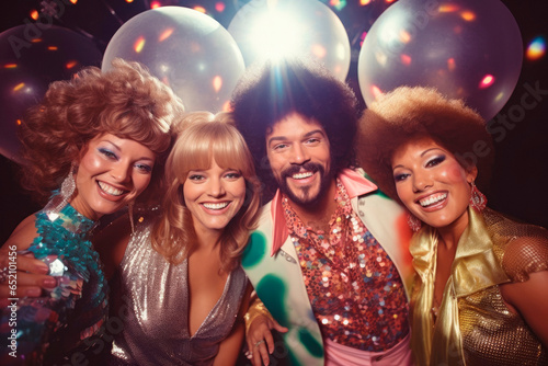 1970s Disco Dancing. A group of friends grooving to the funky beats at a discotheque, wearing flashy disco attire, and dancing under glittering disco balls during the disco era of the 1970s