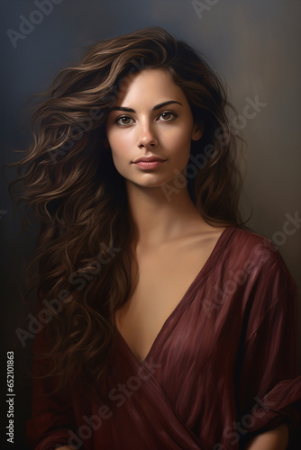 Portrait of a brunette woman with long flowing wavy hair and space for text