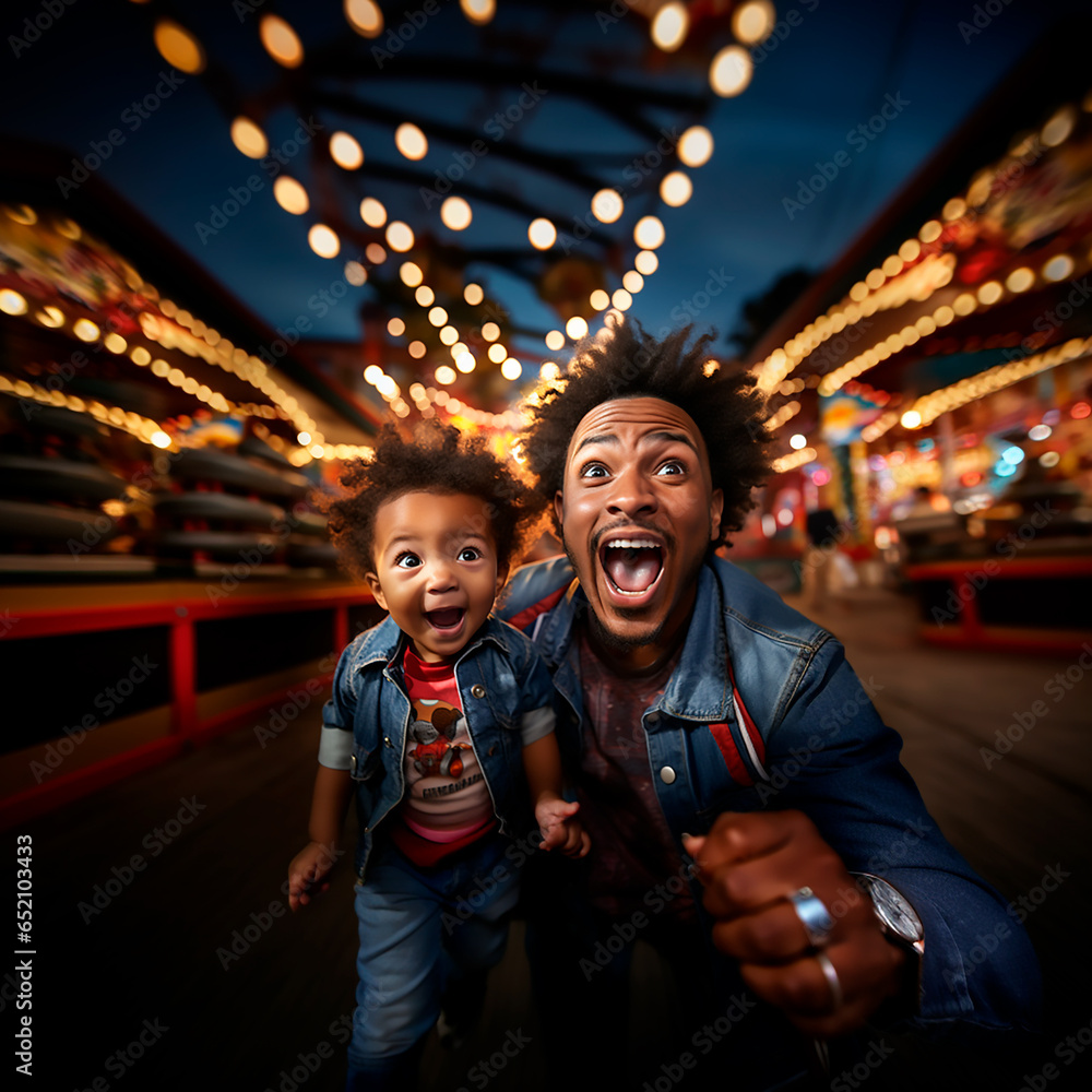 papa joven e hijo negro alegres en un parque de diversiones 