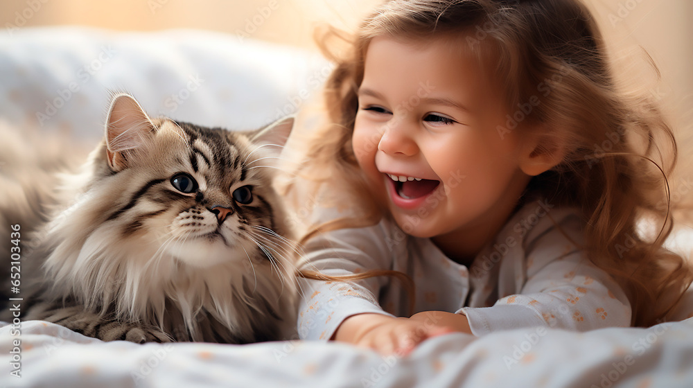 niña sonriente con un gato niña sonriente con un gato