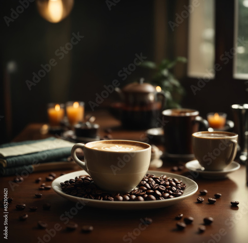Cappuccino on the wooden table with coffee beans