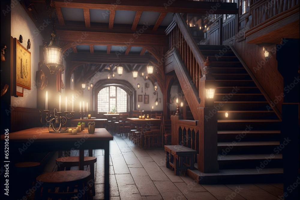 Inside a detailed large Medieval empty british Tavern Food and drink on the tables hanging illuminating lights stairs to the second floor Lens flare Hyperrealistic Cinematic light Volumetric light 