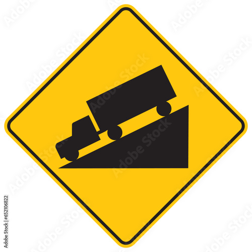 pendiente fuerte de descenso, icono, vector, símbolo, silueta, ilustración, señal de prevención, señal color amarillo, pictograma, rombo, preventivo, señales, imagen, indicar, norma, normatividad