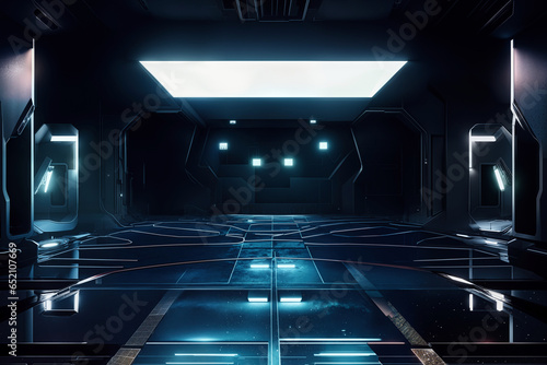 Spaceship corridor. Futuristic tunnel with light, interior view. Future background, business, sci-fi or science concept. 3d rendering