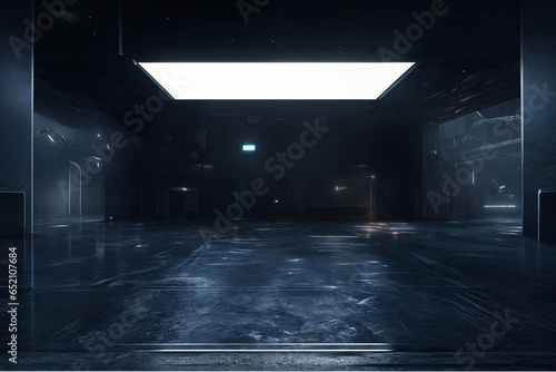 Spaceship corridor. Futuristic tunnel with light, interior view. Future background, business, sci-fi or science concept. 3d rendering © birdmanphoto