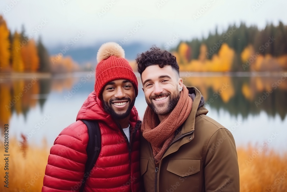 Interracial 30s gay couple or friends hiking outdoors, cold fall season - obrazy, fototapety, plakaty 