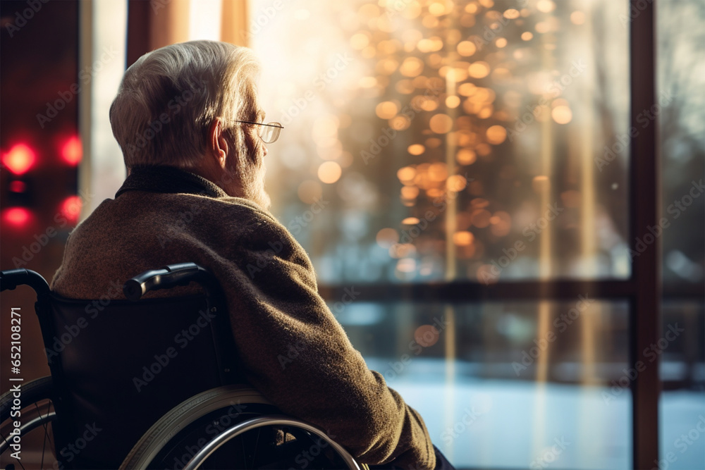 old man sitting in a wheelchair - obrazy, fototapety, plakaty 