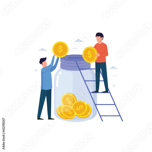 Financial management. Businessman collecting and putting coins in savings jar illustration concept