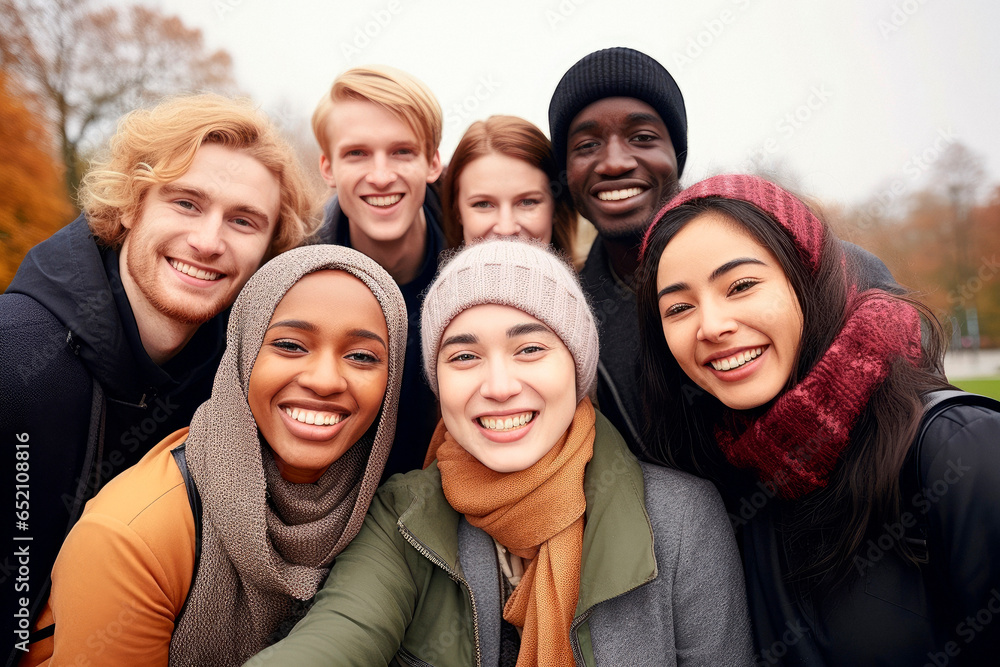 Celebrating Friendship. Diverse Millennials Taking a Joyful Group Portrait in the 2010s. Smiling Faces of Friends from Different Races and Styles