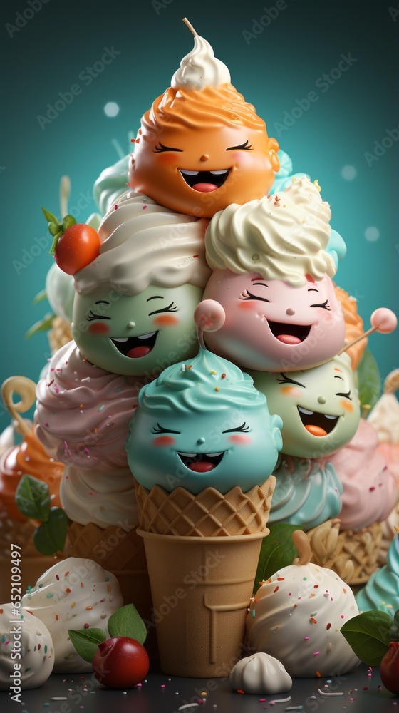 Wallpaper of Sweet Ice Cream Cones with Happy Faces, Generative AI