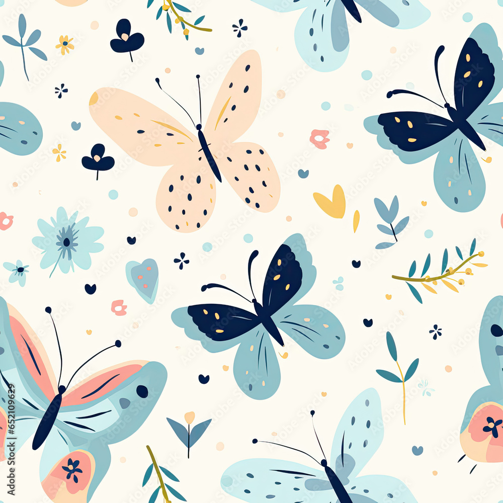 Cute and sweet butterflies Nordic seamless pattern hand painted pastel colors  created with Generative AI Technology