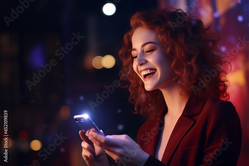 Smiling female model holding cellphone