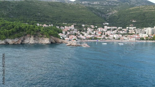 Drone approach to Petrovac Bay, Montrnrgro. photo