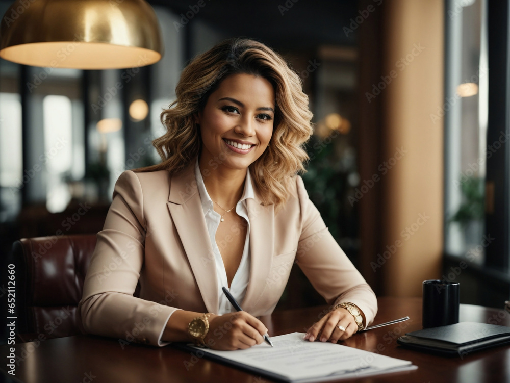 A successful businesswoman signing a contract with a satisfied smile.
A successful businesswoman signing a contract with a satisfied smile.