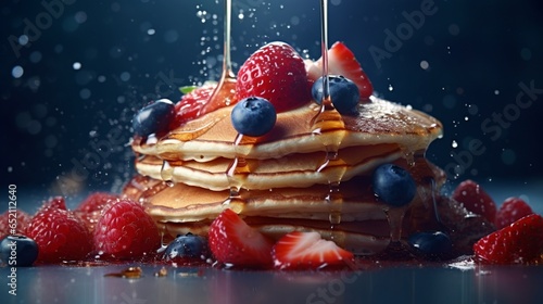 Delicious pancakes with strawberries and blue berries.Generative AI