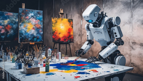 Robot artist painting a picture on a canvas, AI technology create generative art. Bot making image. Made with Generative AI