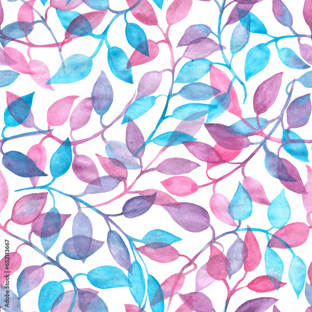 Pattern of fantasy leaves.Watercolor illustration on a transparent background. Seamless pattern.Background,texture.Suitable for wallpaper,fabric,wrapping paper.
