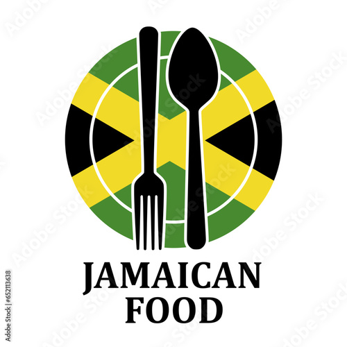 Jamaican Restaurant food logo. Flag symbol with plate spoon and fork Icon Template Illustration Design