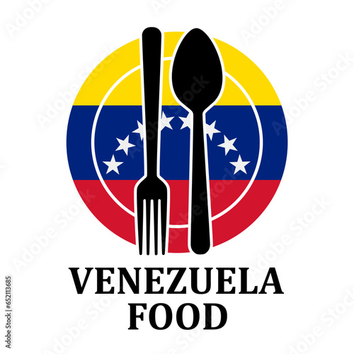 Venezuela Restaurant food logo. Flag symbol with plate spoon and fork Icon Template Illustration Design