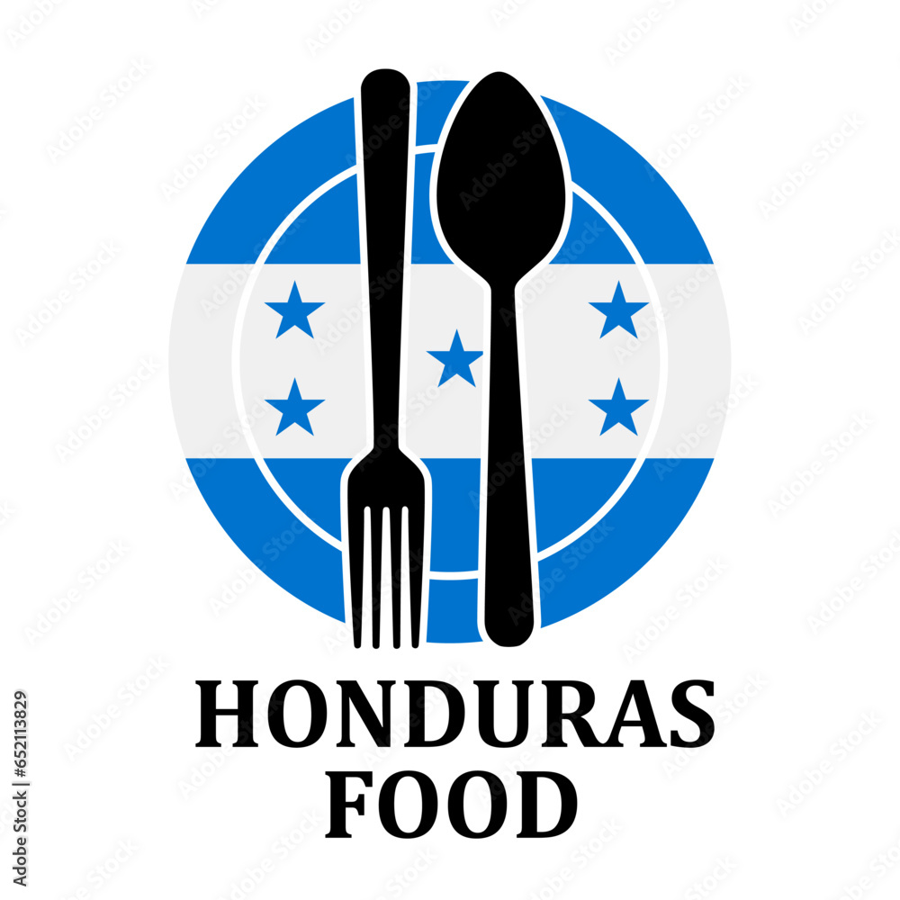 Honduras restaurant food logo. Flag symbol with plate spoon and fork