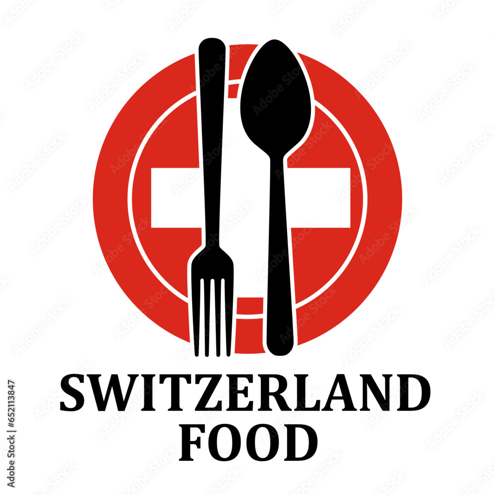 Switzerland Restaurant food logo. Flag symbol with plate spoon and fork Icon Template Illustration Design Switzerland Restaurant food logo. Flag symbol with plate spoon and fork Icon Template Illustration Design