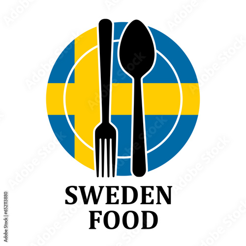 Sweden Restaurant food logo. Flag symbol with plate spoon and fork Icon Template Illustration Design